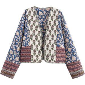 Women’s Blue Cropped Puffer Jacket Floral Printed Quilted Lightweight Coat
